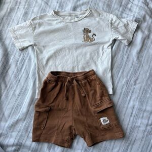 H&M Disney Lion King Cotton White T-shirt & Brown Cargo Shorts Set Size 3T